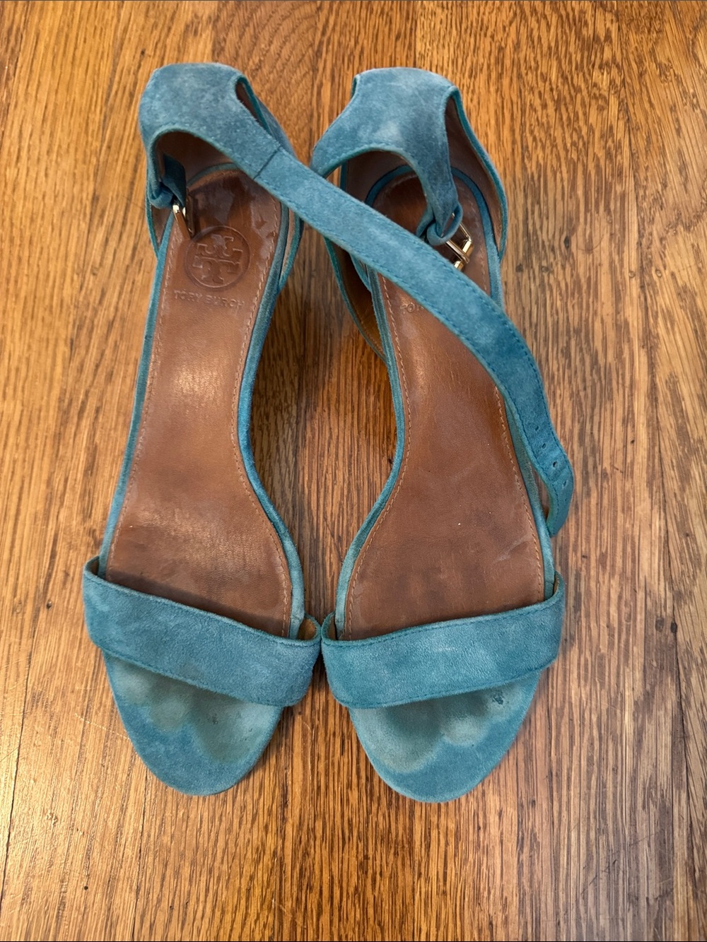 Tory Burch Teal Suede Open-Toe Ankle Strap Heels